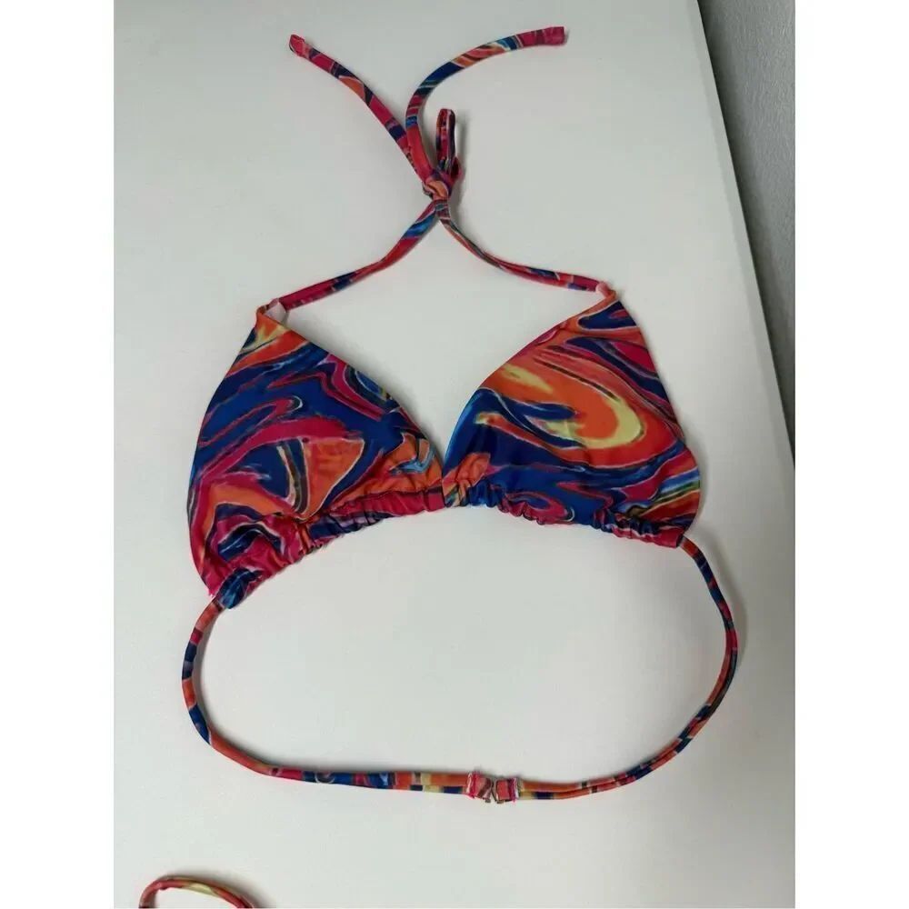 Fluid Print Triangle Halter Tie Strap Backless Bikini Set Cut Out Tie Side Sz S - Picture 7 of 16